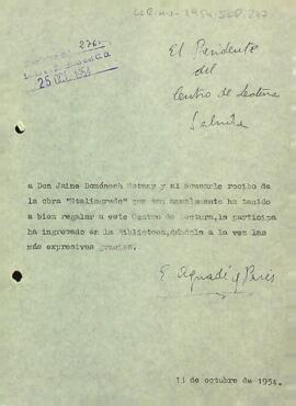 Carta d'agraïment del president a Jaume Domènech Estany