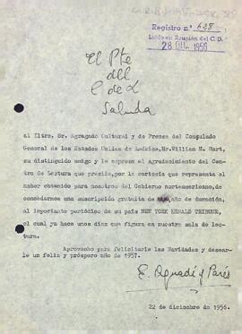 Carta d'agraïment del president del Centre de Lectura a William M. Hart
