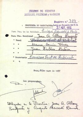 Proposta de candidatura a les eleccions de 1957
