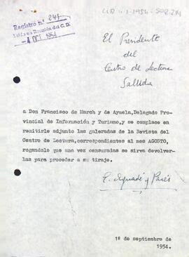 Carta del president al delegat provincial d'informació i turisme de Tarragona
