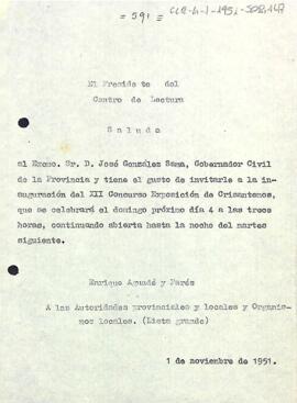 Carta d'invitació del president al governador civil de la província de Tarragona i a altres autoritats a l'acte d'inauguració del XII Concurs Exposició de Crisantems