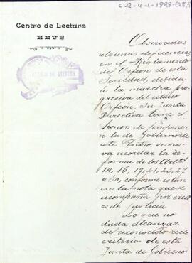 Carta del president i secretari de l'Orfeó al presiden del Centre de Lectura sol·licitant la reforma d'una sèrie d'articles del reglament
