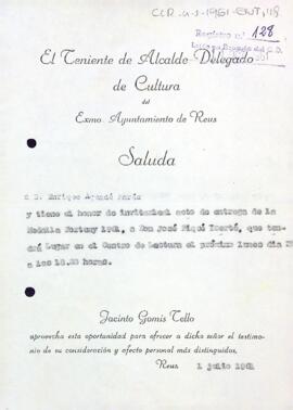 Invitació del tinent alcalde de l'ajuntament de Reus al president del Centre de Lectura