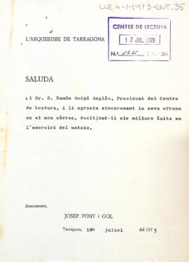 Agraïment de Josep Pont al president del Centre de Lectura