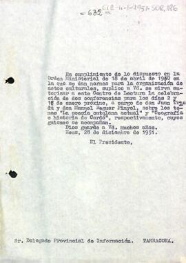 Carta del president al delegat provincial d'informació de Tarragona