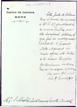 Carta a l'Ajuntament de Reus oferint 27 exemplars de la Corona fúnebre dedicada a Eugeni Mata