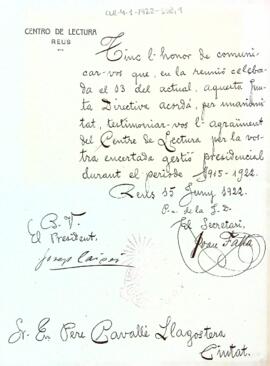 Carta de la Junta Directiva a Pere Cavallé