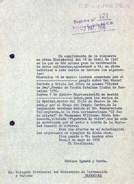 Carta del president al delegat provincial d'informació i turisme de Tarragona sol·licitant el permís per celebrar actes