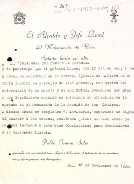 Invitació de l'Ajuntament de Reus als actes en homenatge a José Antonio