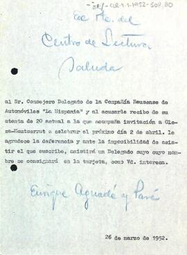 Carta d'Enric Aguadé Parés al Conseller Delegat de la Compañía Reusense de Automóviles La Hispania