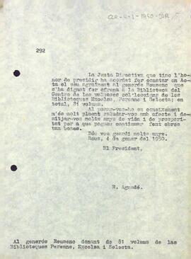 Agraïment del president del Centre de Lectura al donatiu d'un reusenc