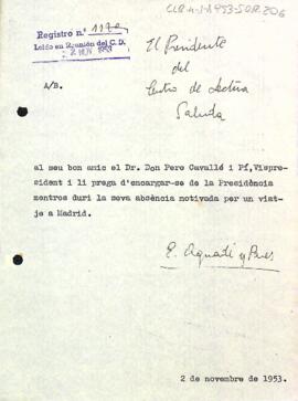 Carta del president a Pere Cavallé Pi