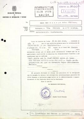 Carta de la delegació provincial al president autoritzant la celebració de la conferència de José Buyreu
