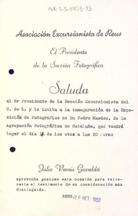 Invitació a la inauguració de l'exposició de Pere Masdéu