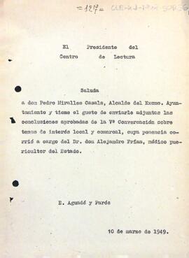 Carta del president informant l'alcalde de Reus de les conclusions aprovades durant la cinquena sessió de converses sobre temes d'interès local i comarcal