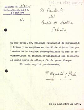 Carta del president al delegat provincial d'informació i turisme de Tarragona