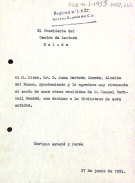 Carta d'agraïment del president a l'alcalde de Reus