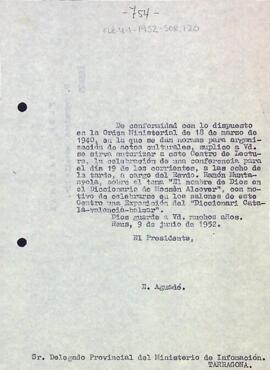 Carta d'Enric Aguadé Parés al Delegat provincial del Ministeri d'Informació de Tarragona
