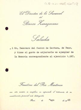 Carta del Banco Zaragozano al tresorer del Centre de Lectura