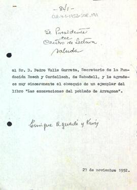 Carta d'agraïment a Pere Valls Garreta