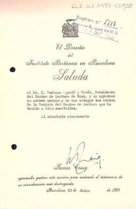 Carta d'agraïment del director de l'Institut Britànic de Barcelona al president del Centre de Lectura
