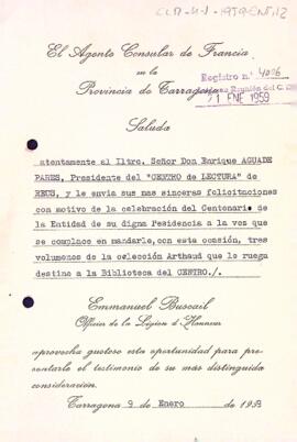 Carta de l'agent del Consolat de França a Tarragona al president del Centre de Lectura