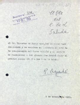 Invitació a Salvador Sedó a la inauguració del curs 1955/56