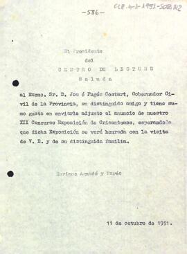 Carta del president al governador civil de la província de Tarragona comunicant la celebració del XII Concurs Exposició de Crisantems
