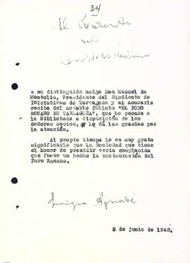 Carta d'agraïment a Manuel de Montoliu
