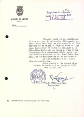 Carta de la Secció de Música al president del Centre de Lectura