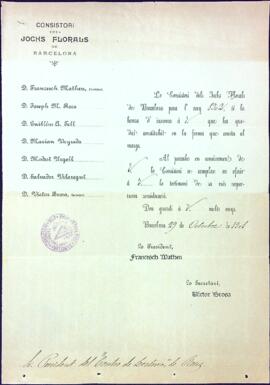 Carta informant sobre la composició del Consitori dels Jochs Florals de Barcelona per l'any 1902