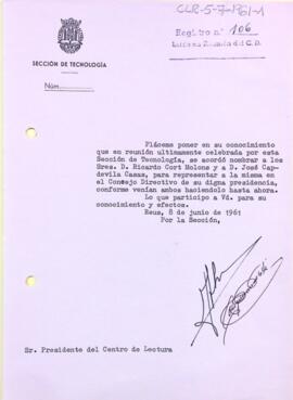 Carta de la Secció de Tecnologia al president del Centre de Lectura