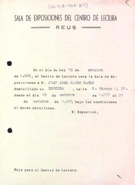 Fitxa de lloguer de la Sala d'Exposicions a Juan José Carbó Carme