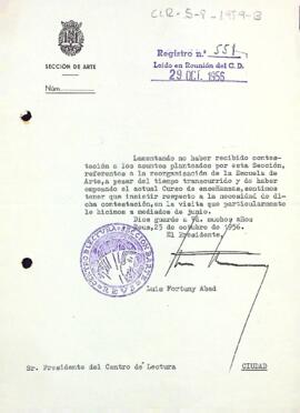 Carta de Lluís Fortuny al president del Centre de Lectura