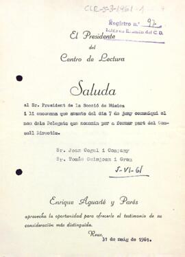 Carta del president del Centre de Lectura a la Secció de Música
