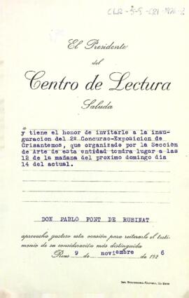 Còpia d'una invitació per comunicar la inauguració del 2n Concurs-Exposició de Crisantems