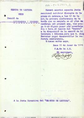 Petició del teatre del Centre de Lectura per a la conferència de Joan Ferrate