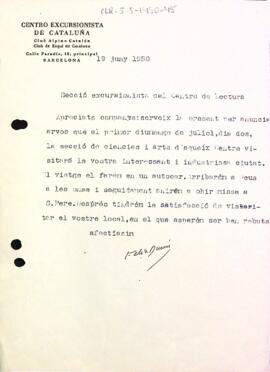 Carta del Centre Excursionista de Catalunya a la Secció Excursionista