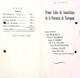 Fitxa de lloguer de la Sala d'Exposicions per al Primer Salón de Acuarelistas de la provincia de Tarragona