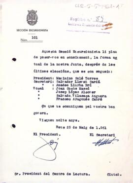 Carta de la Secció Excursionista al president del Centre de Lectura