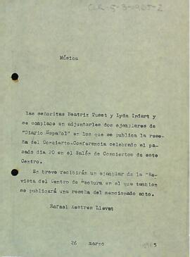 Carta de Rafael Mestres Llevat