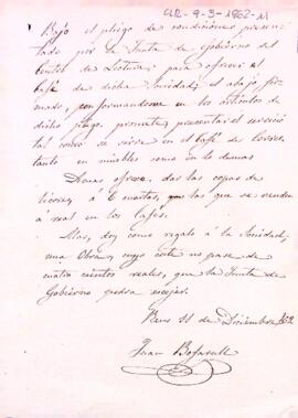 Carta de Juan Bofarull, aspirant a ocupar la plaça de cafeter, oferint a la junta noves accions que ell duria a terme.