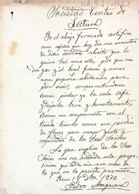 Carta de Pedro Anguera, cafeter de l'entitat, fent sol·licitud de diverses peticions