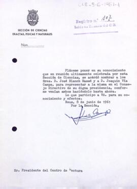 Carta de la Secció de ciències exactes, físiques i naturals al president del Centre de Lectura