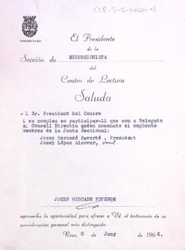 Carta de Josep Mercadé al president del Centre de Lectura