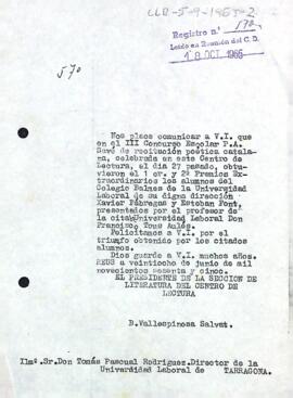 Carta del president de la Secció de Literatura al director de la Universitat Laboral de Tarragona