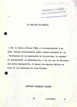 Carta de felicitació de Santiago Buqueras a Carles Tricaz