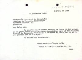 Carta de Francisco Maria Vernis Aulés al delegat provincial de joventuts