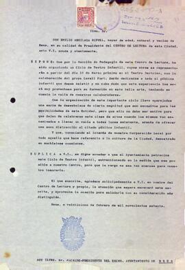 Carta del president a l'alcalde de Reus sol·licitant una subvenció per un cicle de teatre infantil