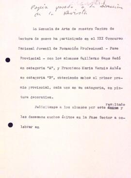 Comunicació anunciant els guanyadors del XXI Concurs Nacional Juvenil de Formació Professionar-Fase Provincial